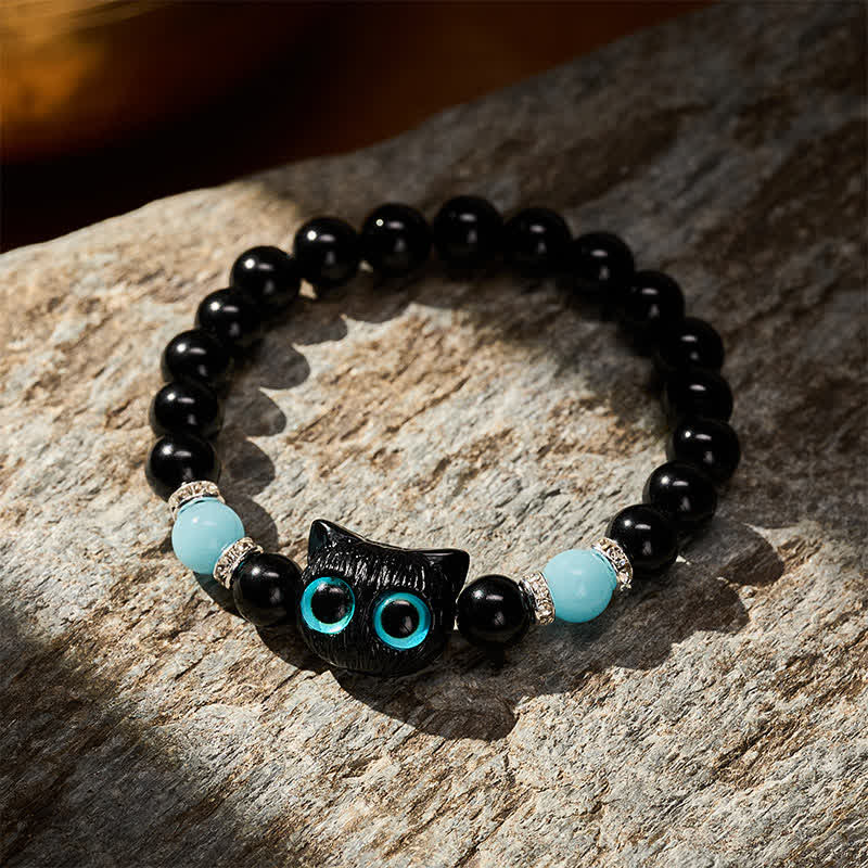 Nimara Ritual Black Obsidian Cute Big Eye Cat Protection Beaded Bracelet
