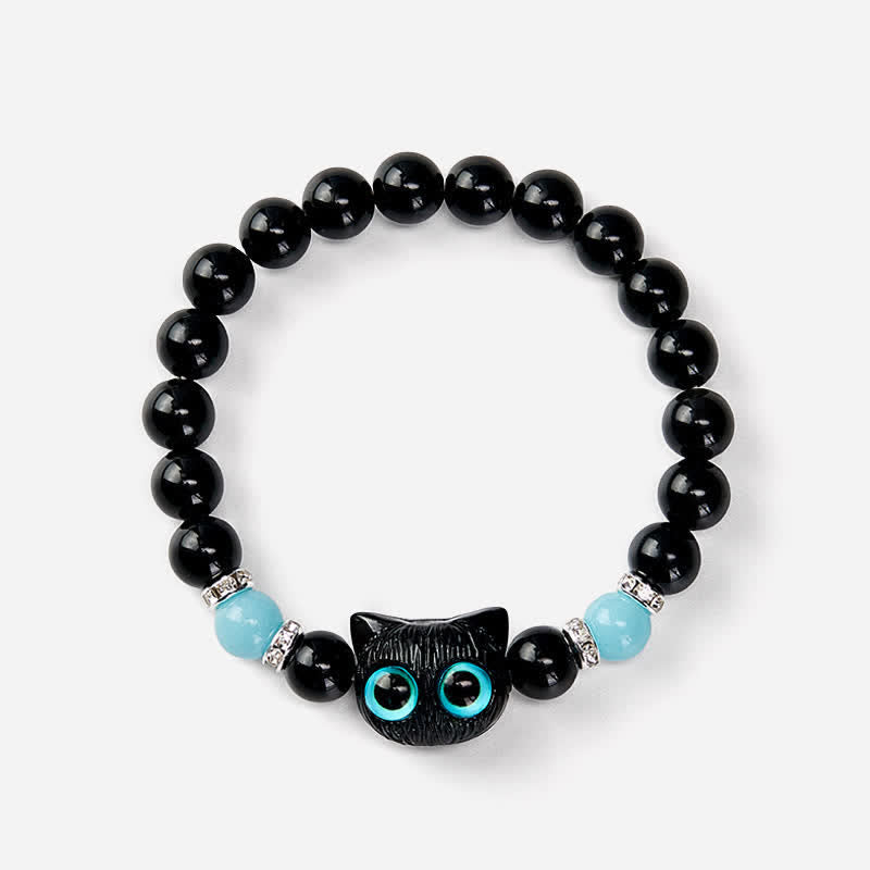 Nimara Ritual Black Obsidian Cute Big Eye Cat Protection Beaded Bracelet
