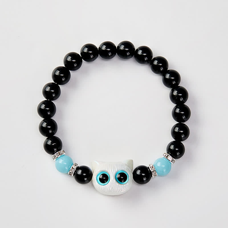 Nimara Ritual Black Obsidian Cute Big Eye Cat Protection Beaded Bracelet
