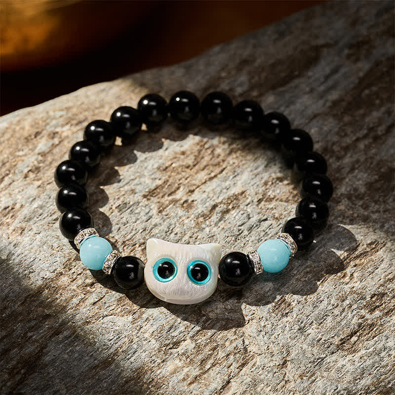Nimara Ritual Black Obsidian Cute Big Eye Cat Protection Beaded Bracelet