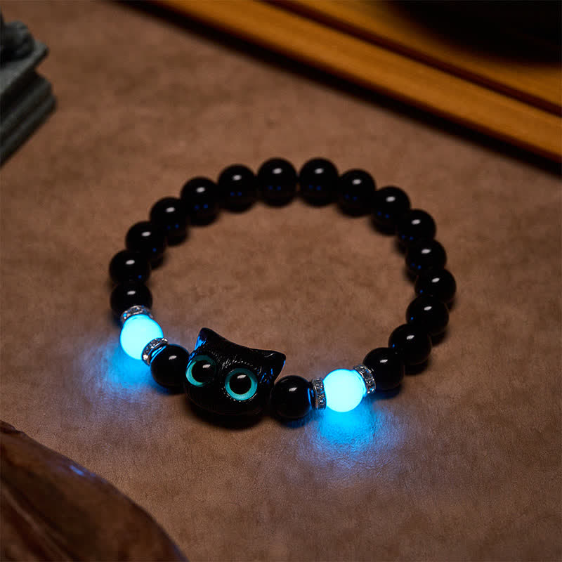 Nimara Ritual Black Obsidian Cute Big Eye Cat Protection Beaded Bracelet