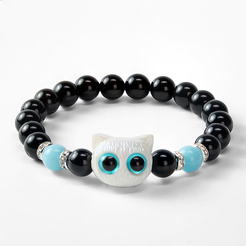 Nimara Ritual Black Obsidian Cute Big Eye Cat Protection Beaded Bracelet