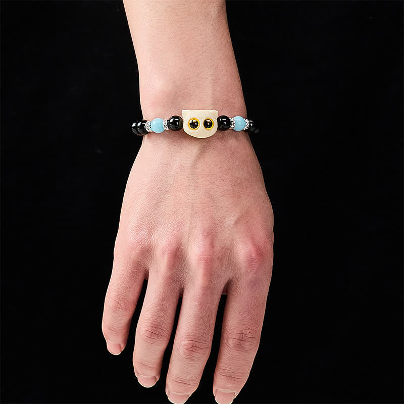 Nimara Ritual Black Obsidian Hand-Carved Big Eye Cat Relief Bead Bracelet