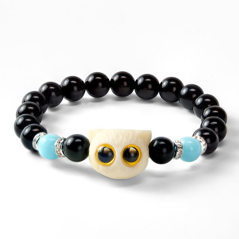 Nimara Ritual Black Obsidian Hand-Carved Big Eye Cat Relief Bead Bracelet