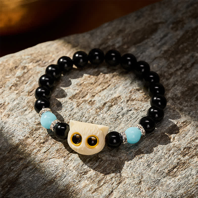 Nimara Ritual Black Obsidian Hand-Carved Big Eye Cat Relief Bead Bracelet