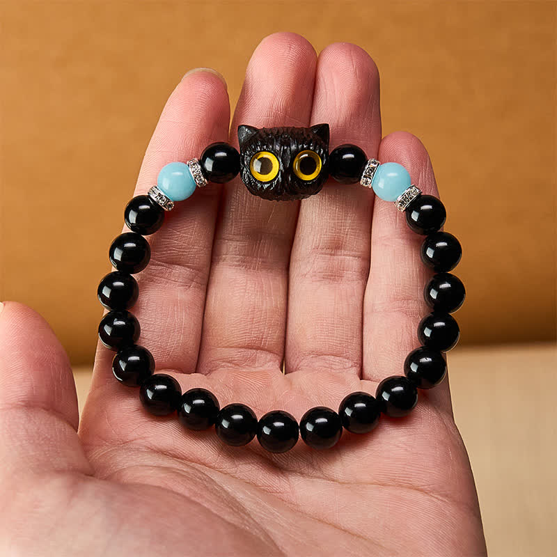 Nimara Ritual Black Obsidian Hand-Carved Big Eye Cat Relief Bead Bracelet