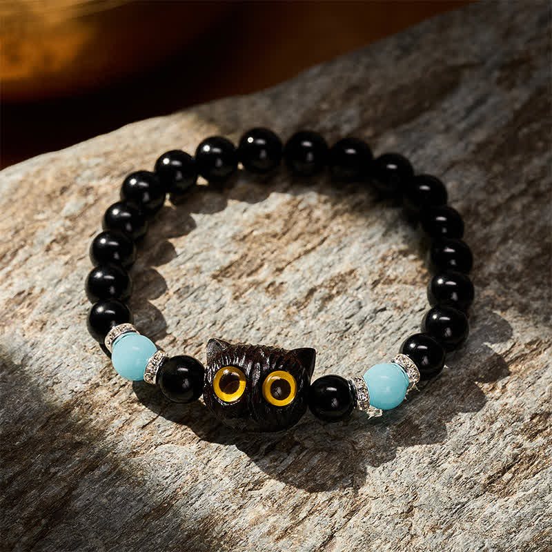 Nimara Ritual Black Obsidian Hand-Carved Big Eye Cat Relief Bead Bracelet