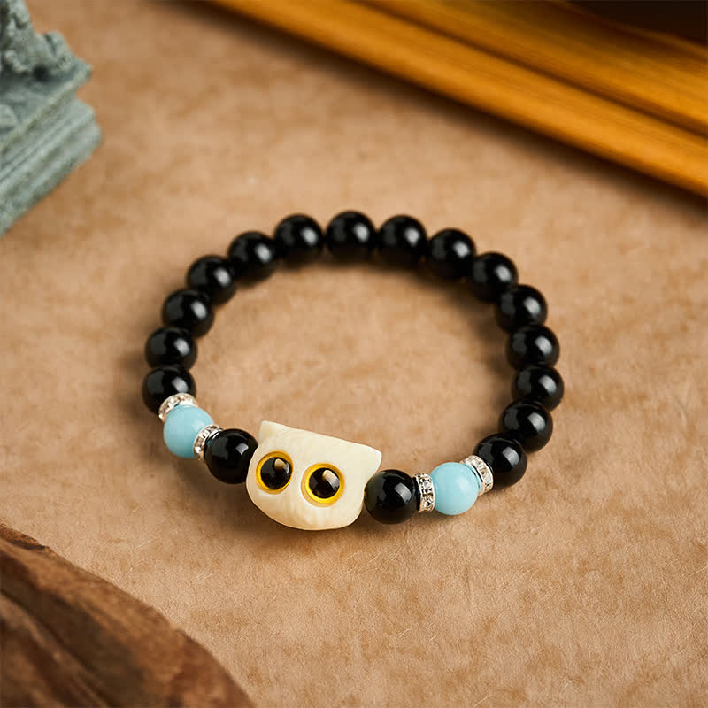 Nimara Ritual Black Obsidian Hand-Carved Big Eye Cat Relief Bead Bracelet