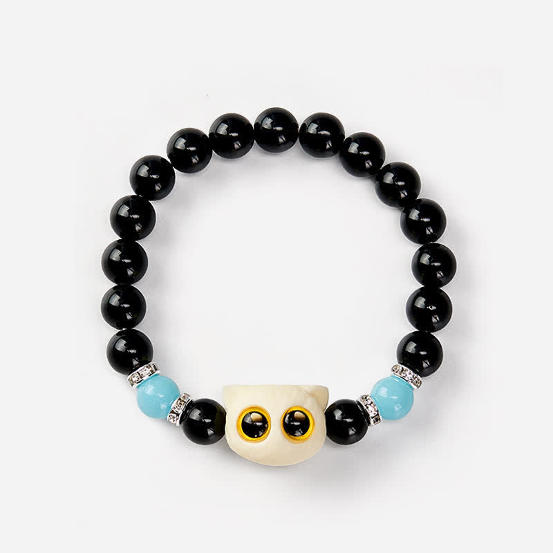 Nimara Ritual Black Obsidian Hand-Carved Big Eye Cat Relief Bead Bracelet