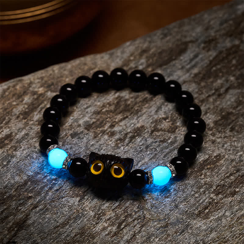 Nimara Ritual Black Obsidian Hand-Carved Big Eye Cat Relief Bead Bracelet
