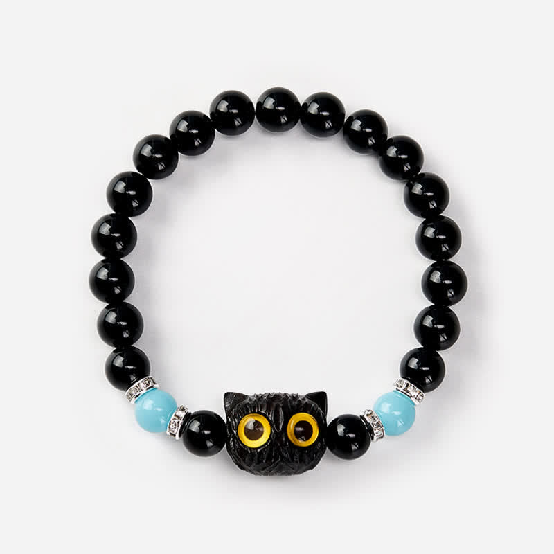 Nimara Ritual Black Obsidian Hand-Carved Big Eye Cat Relief Bead Bracelet