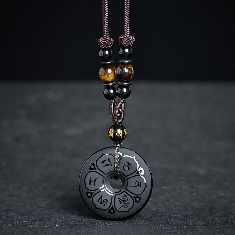 Nimara Ritual Black Obsidian Peace Buckle Protection Engraved Braided Necklace
