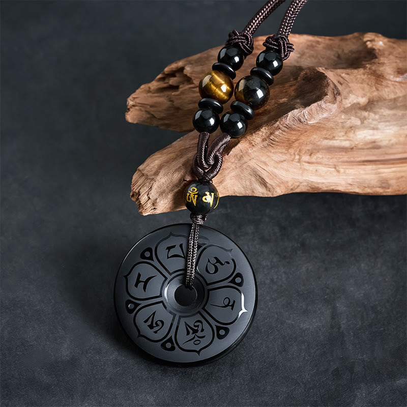 Nimara Ritual Black Obsidian Peace Buckle Protection Engraved Braided Necklace