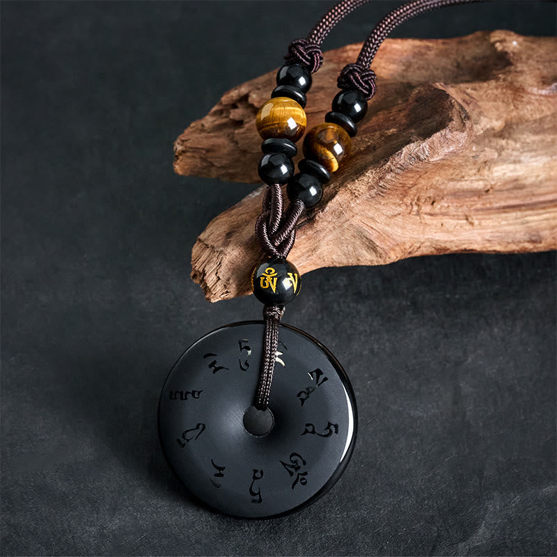 Nimara Ritual Black Obsidian Peace Buckle Protection Engraved Braided Necklace