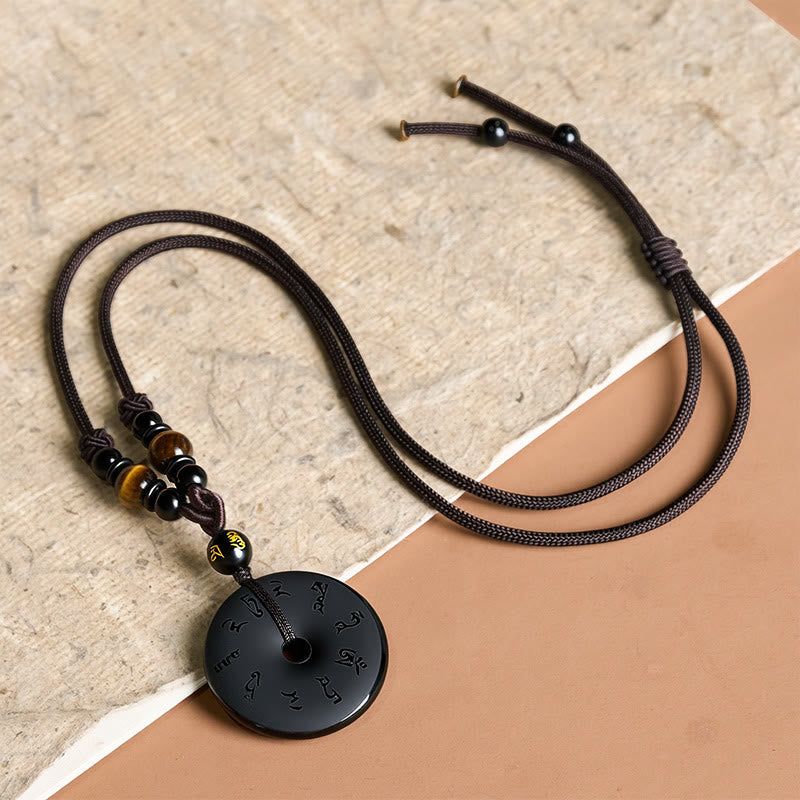 Nimara Ritual Black Obsidian Peace Buckle Protection Engraved Braided Necklace