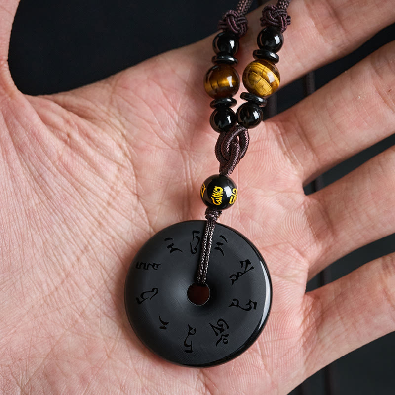 Nimara Ritual Black Obsidian Peace Buckle Protection Engraved Braided Necklace