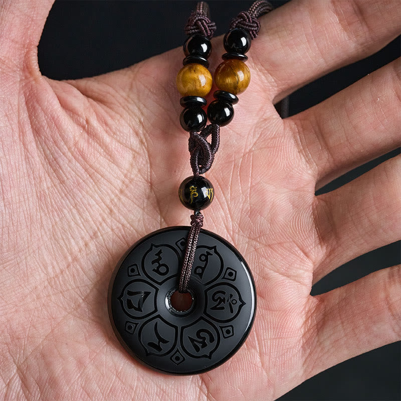Nimara Ritual Black Obsidian Peace Buckle Protection Engraved Braided Necklace