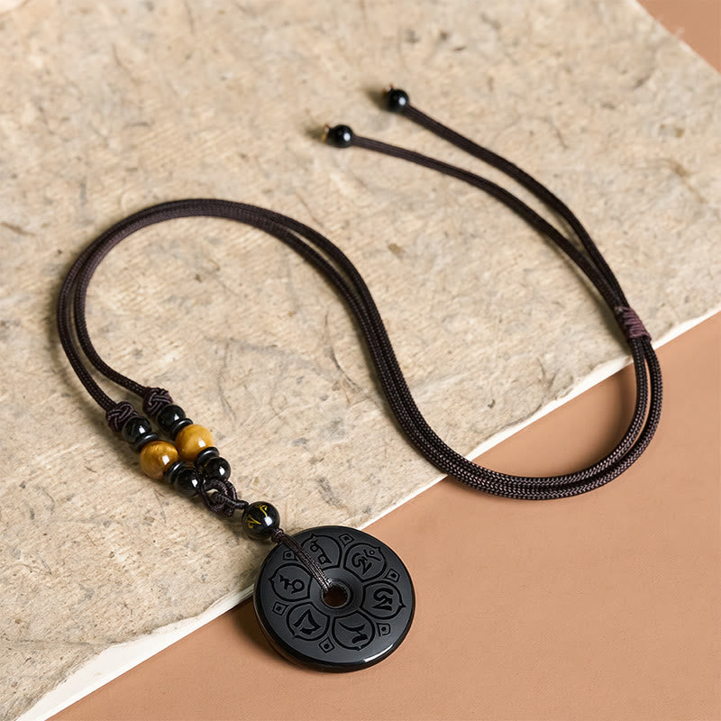 Nimara Ritual Black Obsidian Peace Buckle Protection Engraved Braided Necklace