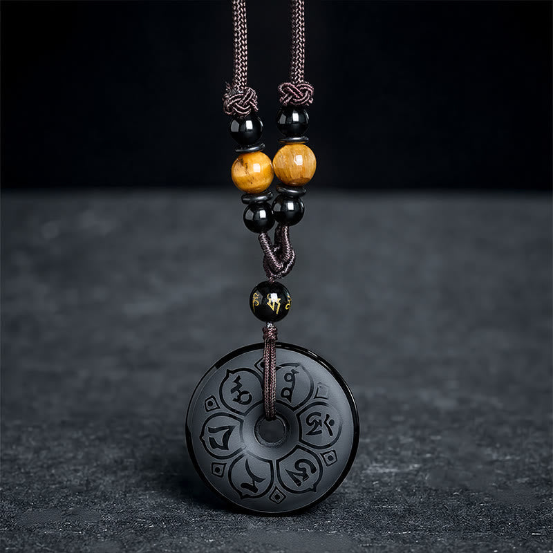 Nimara Ritual Black Obsidian Peace Buckle Protection Engraved Braided Necklace
