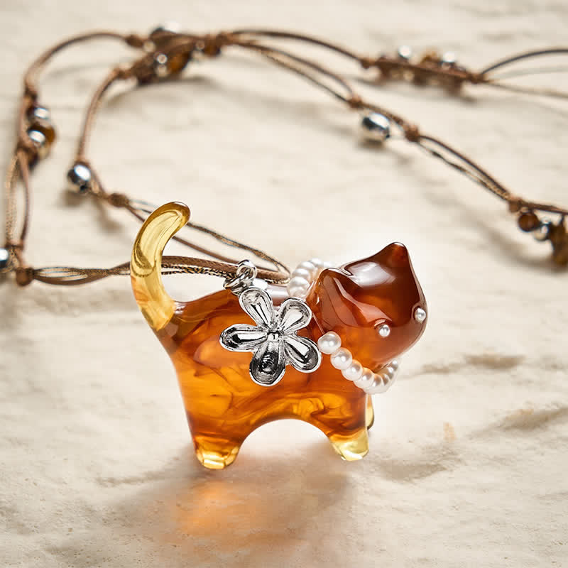 Nimara Ritual Resin Black Brown Cat Flower Pearl Bead Peace Necklace