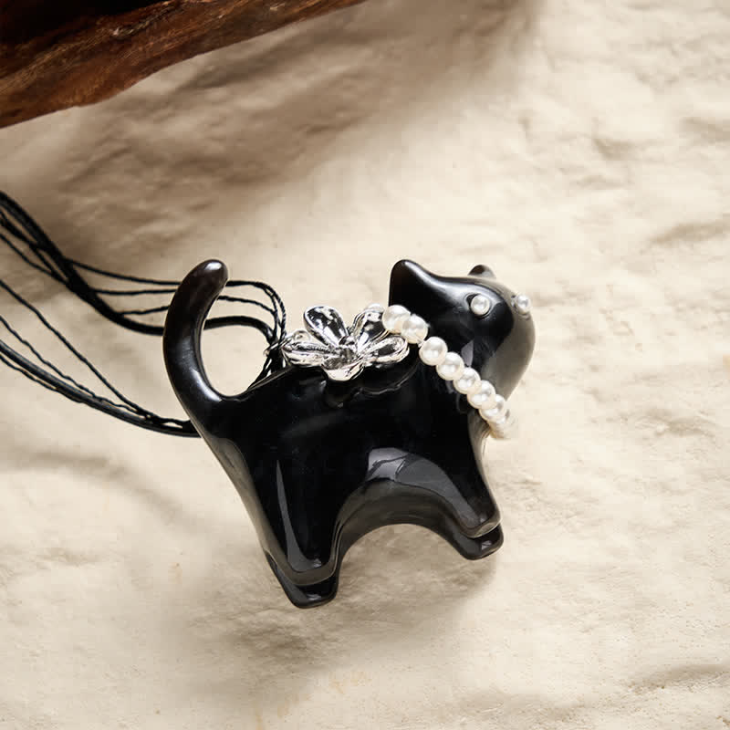 Nimara Ritual Resin Black Brown Cat Flower Pearl Bead Peace Necklace