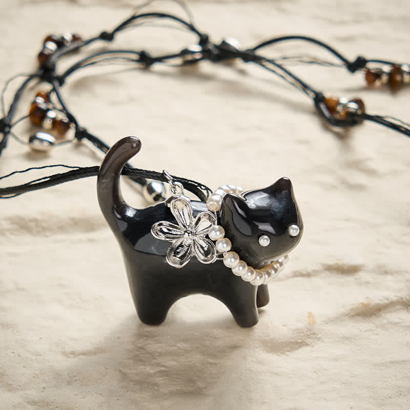 Nimara Ritual Resin Black Brown Cat Flower Pearl Bead Peace Necklace