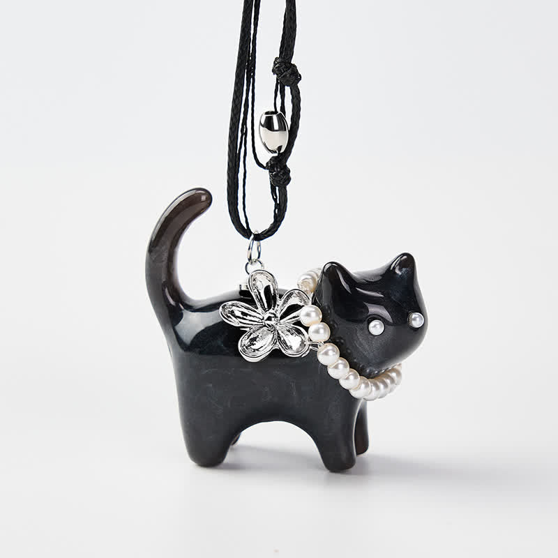 Nimara Ritual Resin Black Brown Cat Flower Pearl Bead Peace Necklace