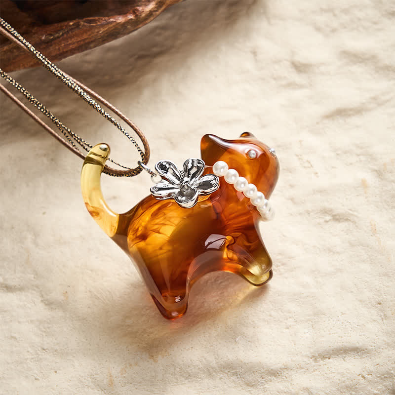 Nimara Ritual Resin Black Brown Cat Flower Pearl Bead Peace Necklace