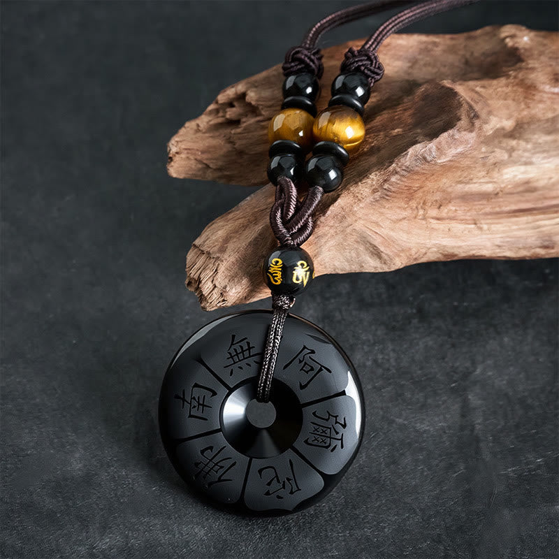 Nimara Ritual Black Obsidian Namo Ami Peace Buckle Protection Engraved Necklace