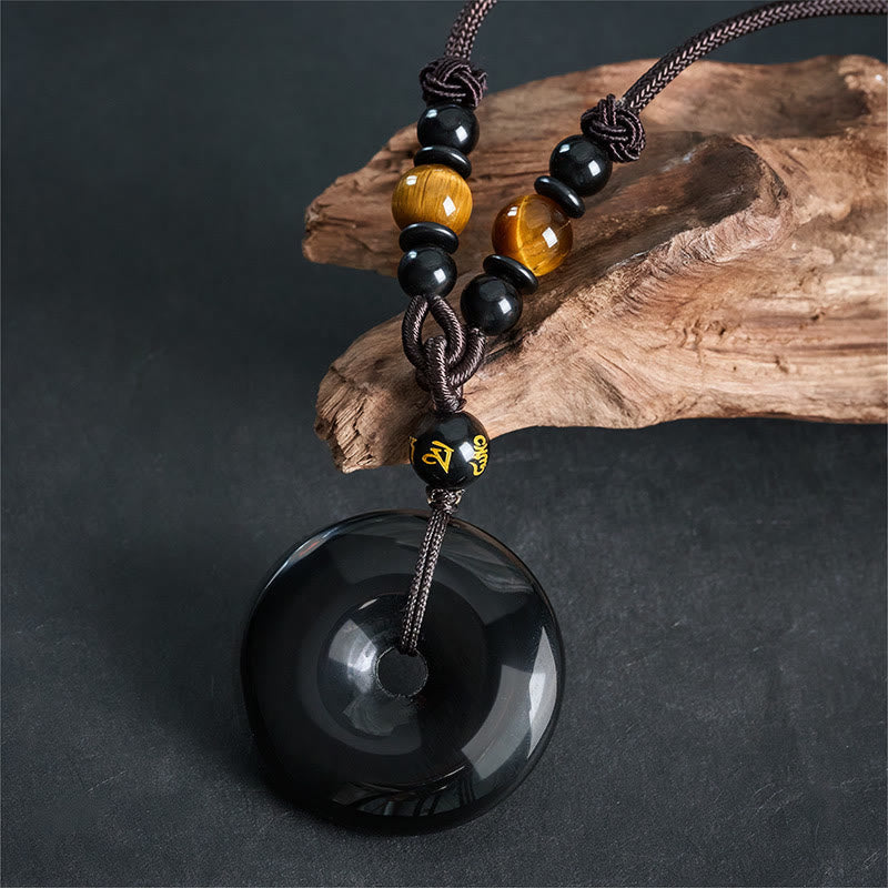 Nimara Ritual Black Obsidian Namo Ami Peace Buckle Protection Engraved Necklace