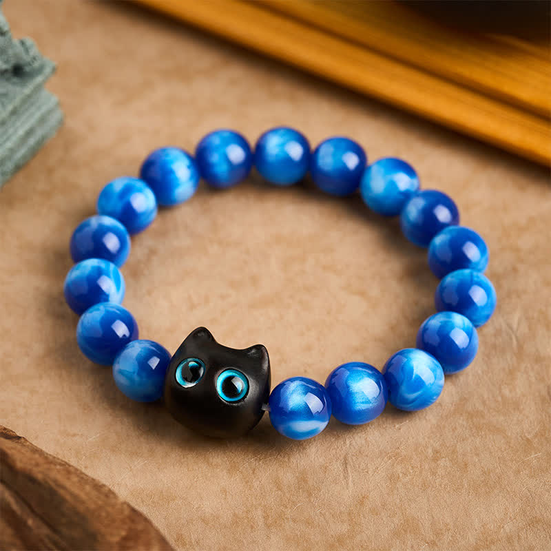 Nimara Ritual Blue Resin Beads Ebony Wood Cat Balance Bracelet