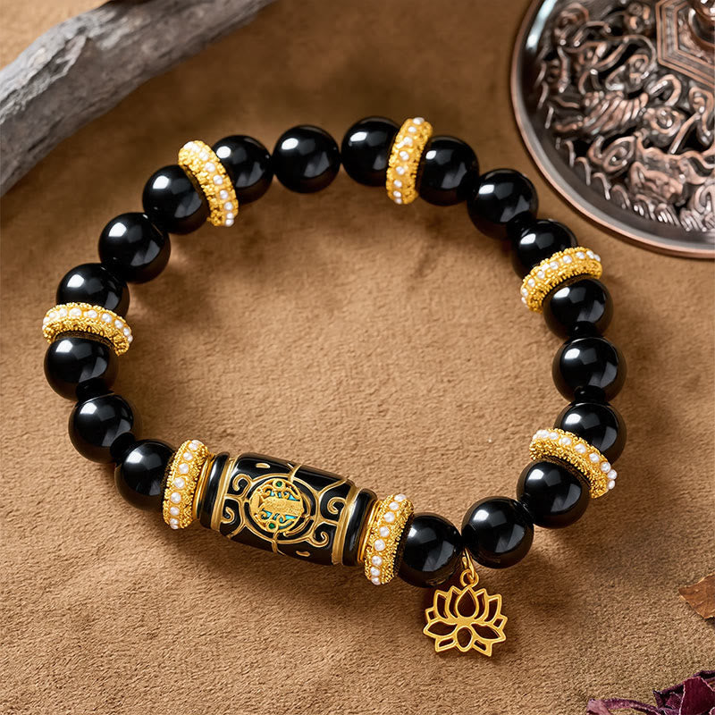 Nimara Ritual Black Obsidian Resin Barrel Bead Lotus Pendant Protection Round Bead Bracelet