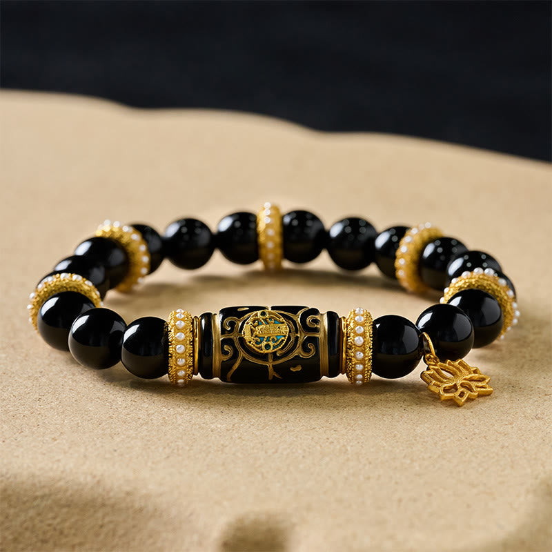 Nimara Ritual Black Obsidian Resin Barrel Bead Lotus Pendant Protection Round Bead Bracelet