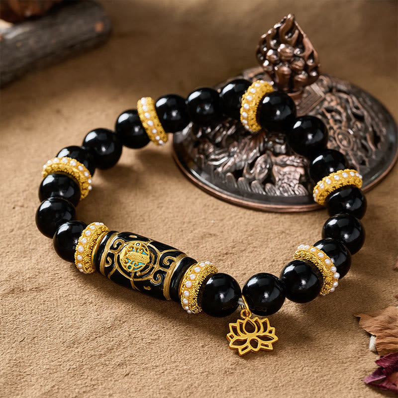 Nimara Ritual Black Obsidian Resin Barrel Bead Lotus Pendant Protection Round Bead Bracelet