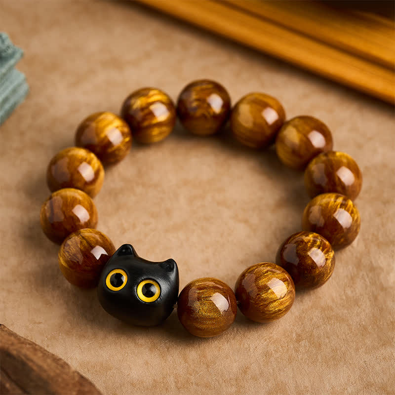 Nimara Ritual Yellow Resin Beads Yellow Eyes Ebony Wood Cat Calm Bracelet