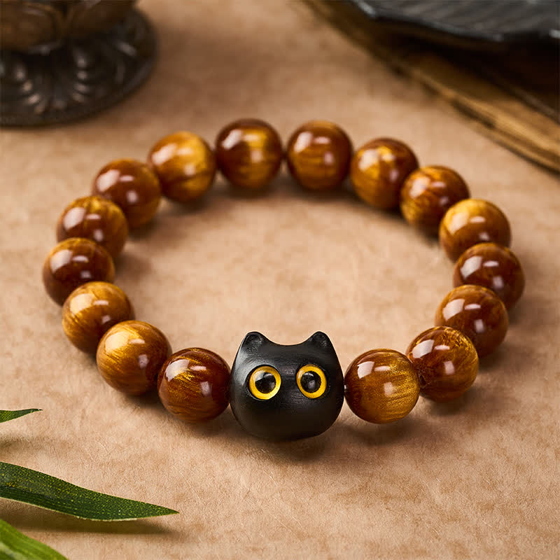 Nimara Ritual Yellow Resin Beads Yellow Eyes Ebony Wood Cat Calm Bracelet