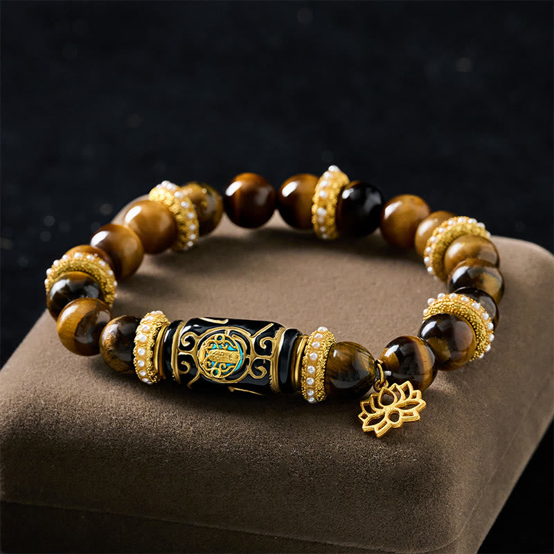 Nimara Ritual Natural Yellow Tiger Eye Resin Barrel Bead Lotus Pendant Confidence Round Bead Bracelet