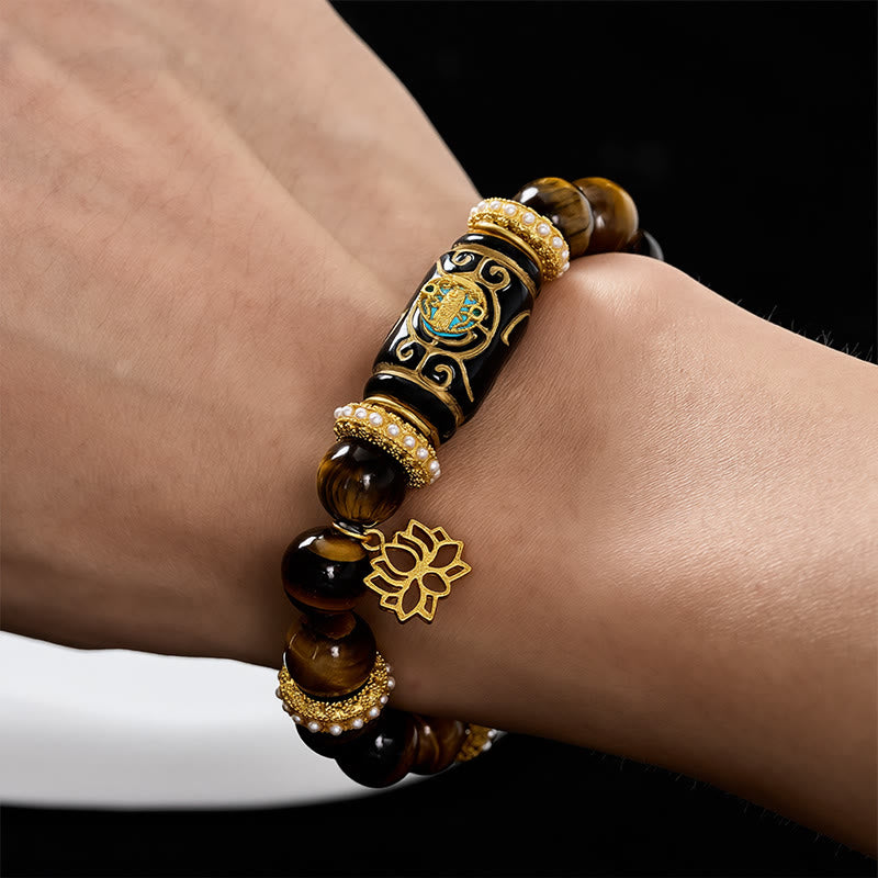 Nimara Ritual Natural Yellow Tiger Eye Resin Barrel Bead Lotus Pendant Confidence Round Bead Bracelet
