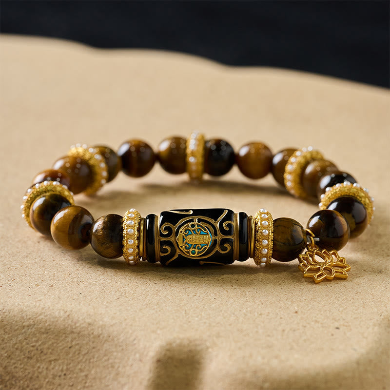 Nimara Ritual Natural Yellow Tiger Eye Resin Barrel Bead Lotus Pendant Confidence Round Bead Bracelet