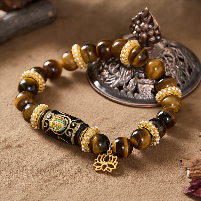 Nimara Ritual Natural Yellow Tiger Eye Resin Barrel Bead Lotus Pendant Confidence Round Bead Bracelet