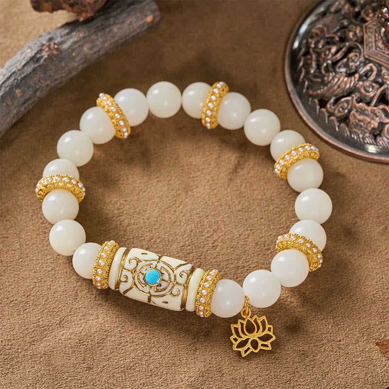 Nimara Ritual White Bodhi Seed Resin Barrel Bead Lotus Pendant Round Meditation Bracelet