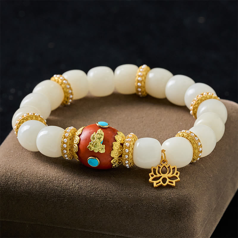 Nimara Ritual White Bodhi Seed Tibetan Engraved Orange Oval Lotus Pendant Blessing Bead Bracelet