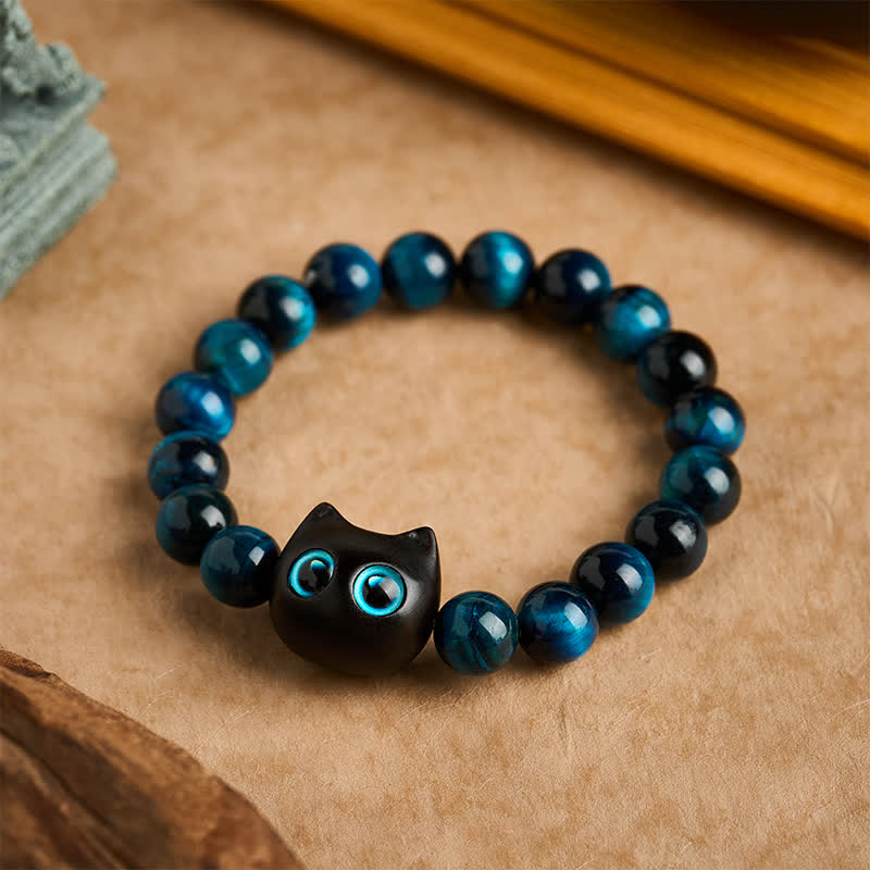 Nimara Ritual Blue Tiger Eye Ebony Wood Cat Strength Bracelet