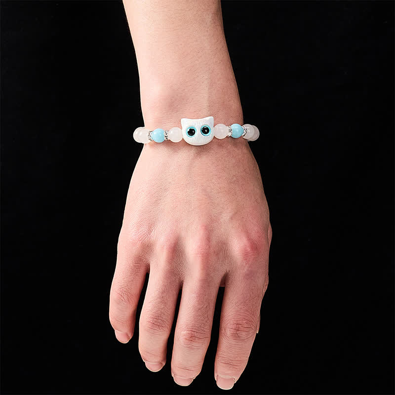 Nimara Ritual White Jade Black Obsidian Cute Cat Head Purity Beaded Bracelet