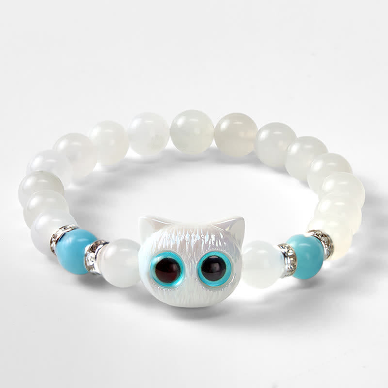 Nimara Ritual White Jade Black Obsidian Cute Cat Head Purity Beaded Bracelet