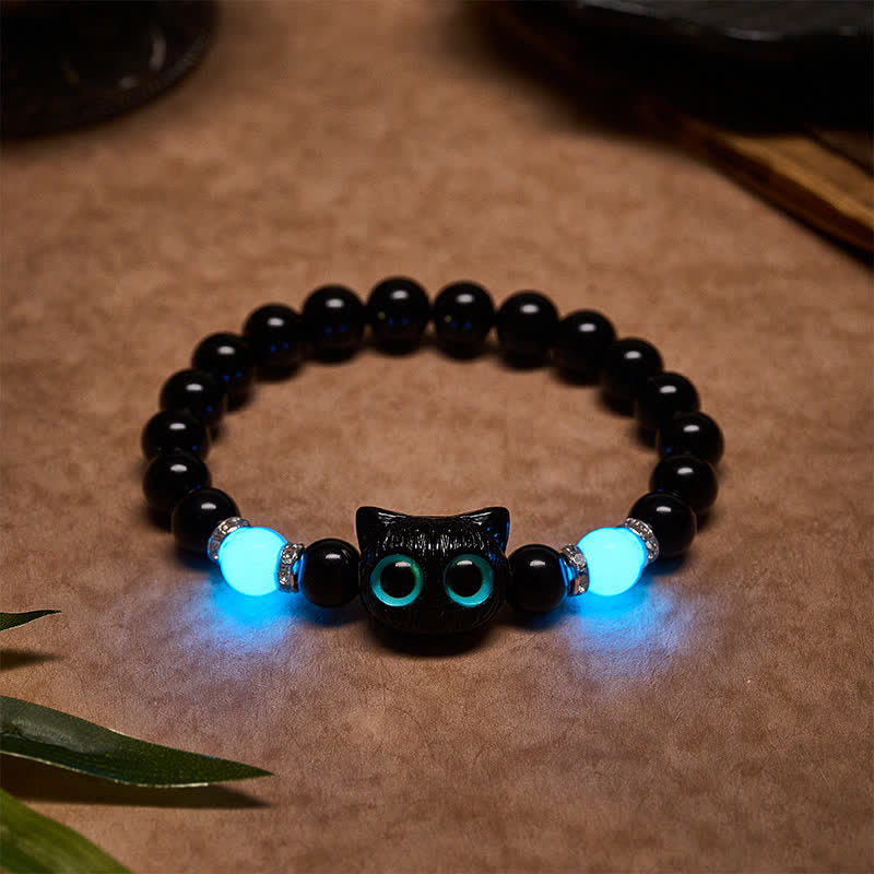 Nimara Ritual White Jade Black Obsidian Cute Cat Head Purity Beaded Bracelet