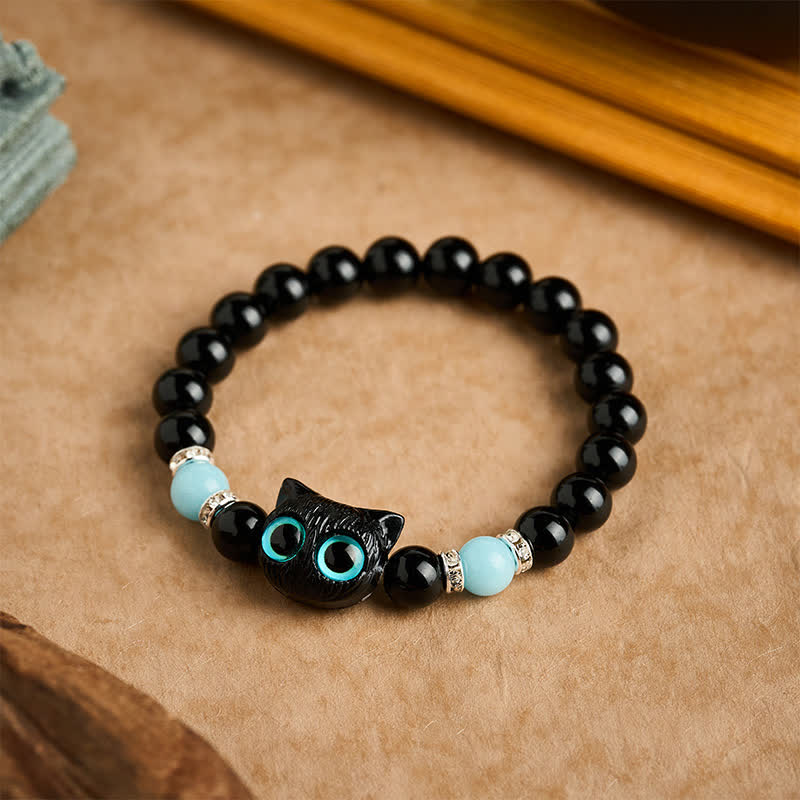 Nimara Ritual White Jade Black Obsidian Cute Cat Head Purity Beaded Bracelet
