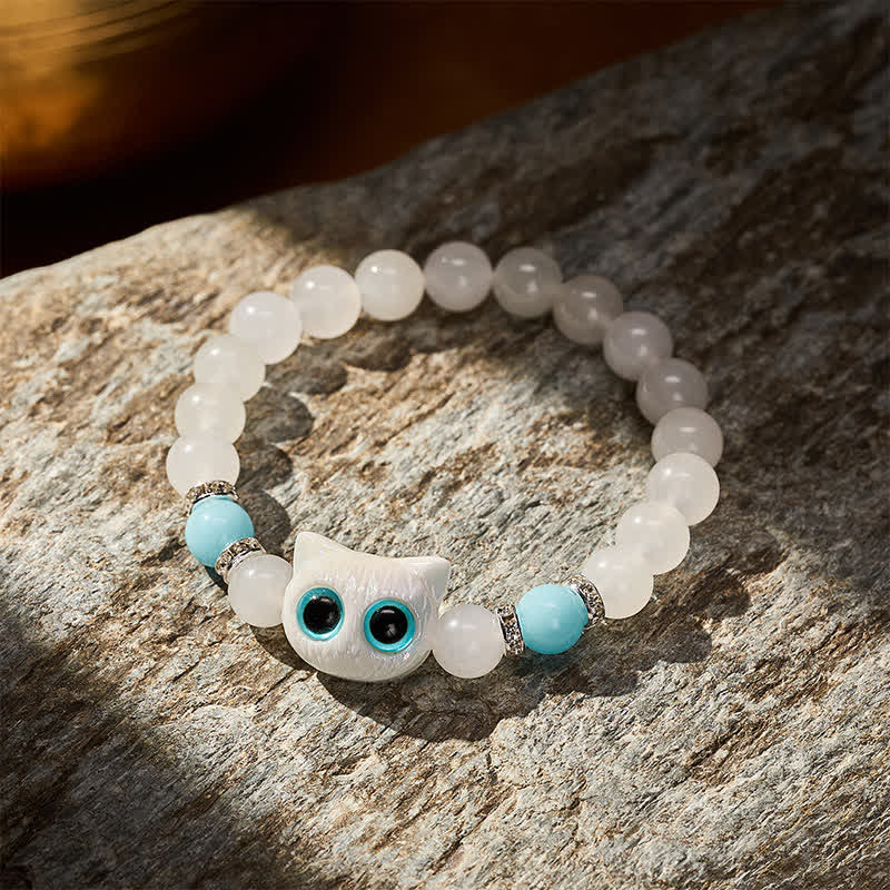 Nimara Ritual White Jade Black Obsidian Cute Cat Head Purity Beaded Bracelet