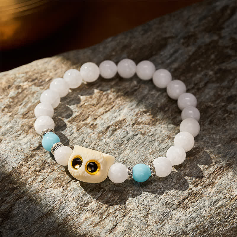 Nimara Ritual Black Obsidian White Chalcedony Big-Eye Cat Head Purity Bead Bracelet