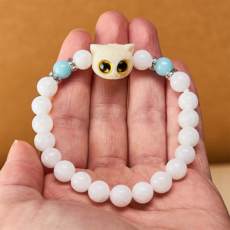 Nimara Ritual Black Obsidian White Chalcedony Big-Eye Cat Head Purity Bead Bracelet